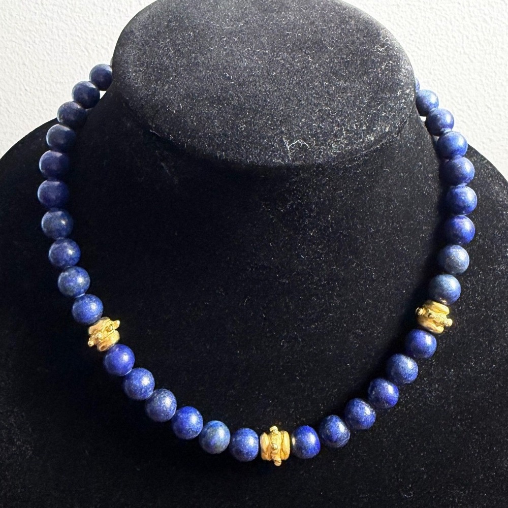 Susan Shaw Lapis Bead Necklace 24k Gold Plated Accents Blue Stone Womens 20in